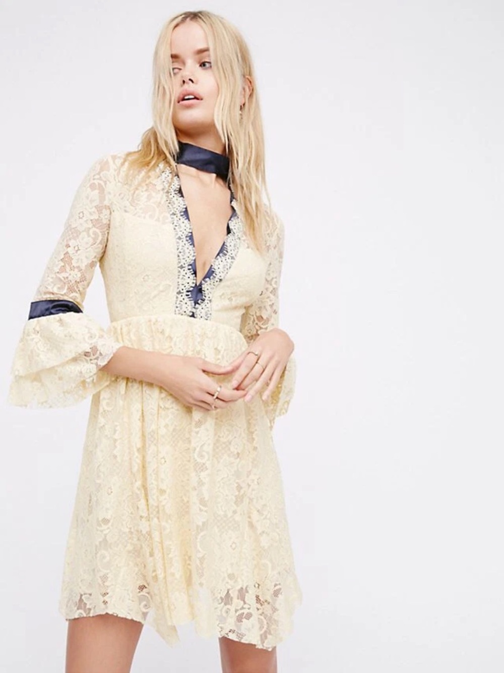 Free people gilded lace mini dress Cream with Navy Trim